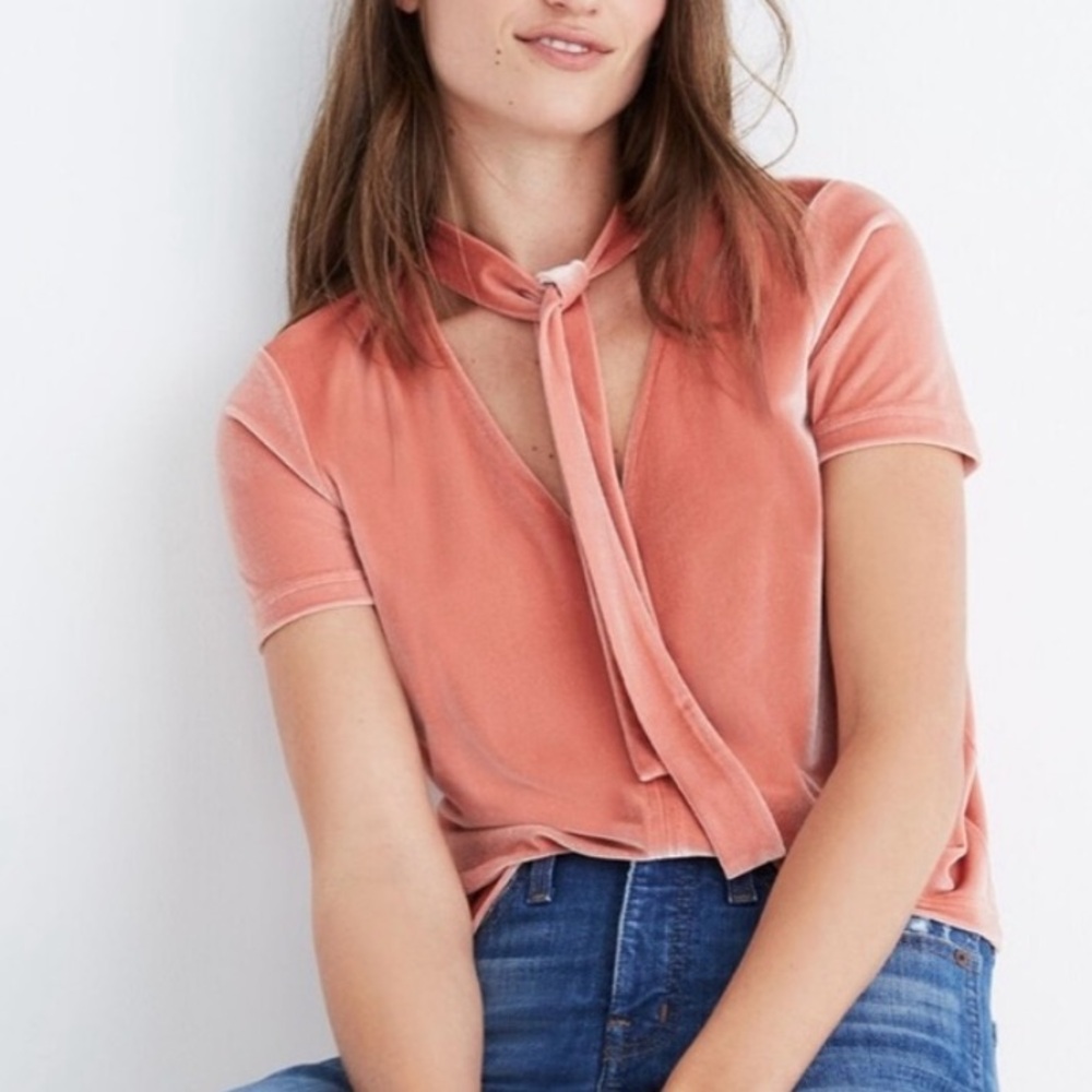 Madewell Pink Velvet Tie-Neck Short Sleeve Top